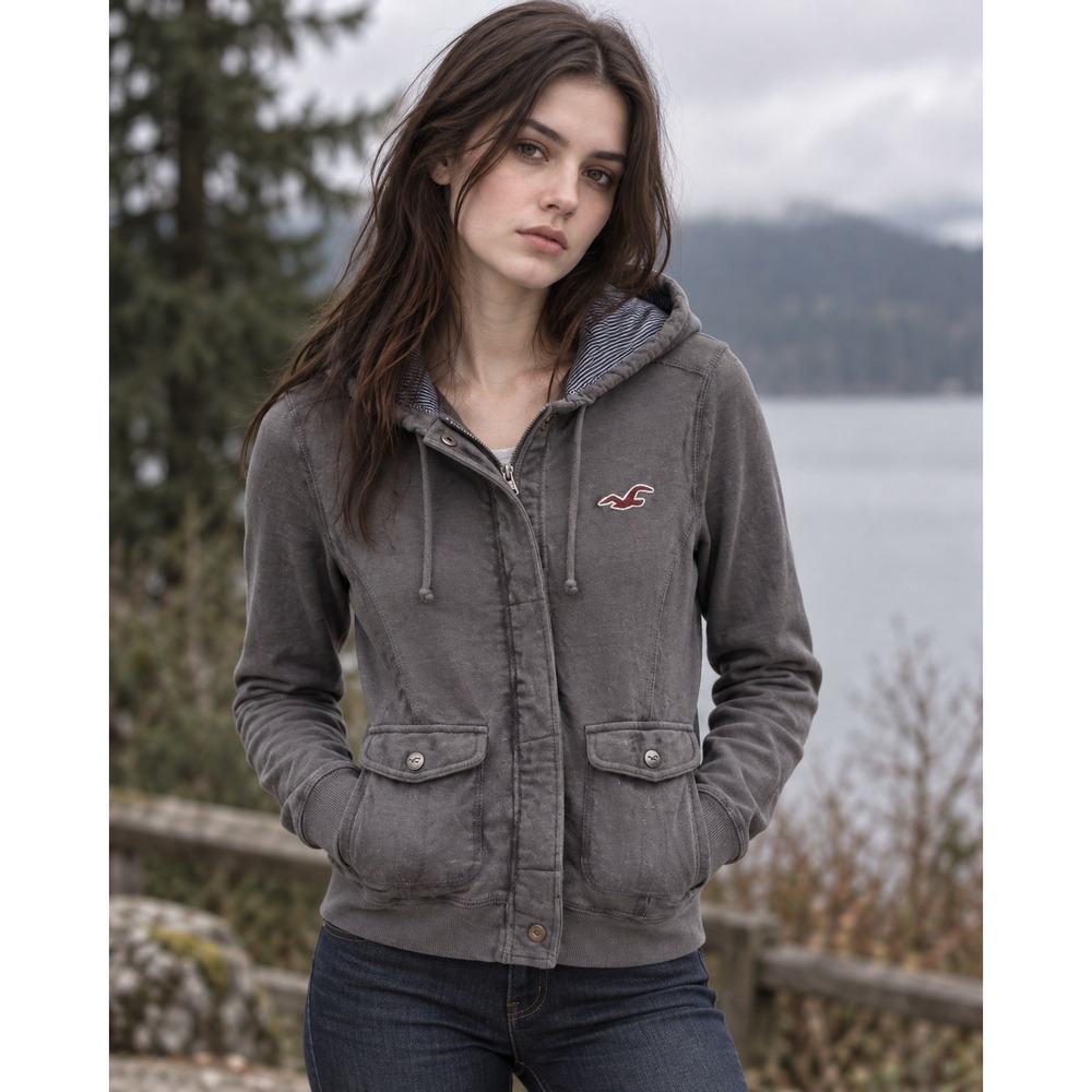 Hollister Vintage Y2K Gray Zip Up Hoodie Pacific Merchants M Twilight McBling
